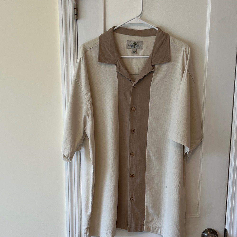 Washable Silk Shirt Button Down Collar Mens XL Tan‎ Cream Resort Bowling Classic